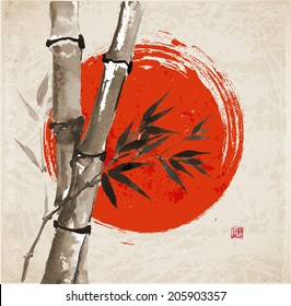 Card with bamboo and big red sun in sumi-e style. Hand-drawn with ink. Vector illustration. Traditional Japanese painting. bamboo-japan