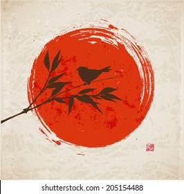 Card with bamboo, bird and big red sun in sumi-e style. Hand-drawn with ink. Vector illustration. Traditional Japanese painting