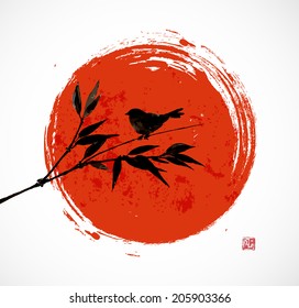 Card with bamboo bird and big red sun in sumi-e style. Hand-drawn with ink. Vector illustration. Traditional Japanese painting 