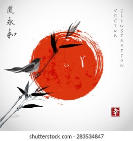 Card with bamboo, bird and big red sun in sumi-e style. Hand-drawn with ink. Vector illustration. Traditional Japanese painting. Image contains hieroglyphs "happiness", "way", "eternity", "harmony". 