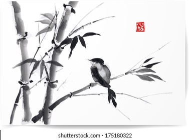 Card with bamboo and bird on white background in sumi-e style. Hand-drawn with ink. Vector illustration. Traditional Japanese painting