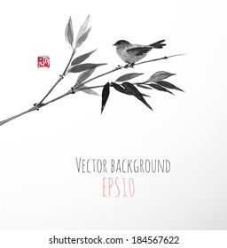 Card with bamboo and bird on white background. Hand-drawn with ink. Vector illustration. Traditional Japanese painting sumi-e.