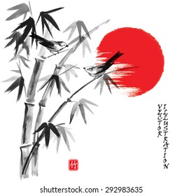 Card with bamboo, birds and sun in traditional japanese sumi-e style. Vector illustration. Hieroglyph " bamboo".