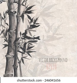 Card with bamboo on old rice paper in sumi-e style. Hand-drawn with ink. Vector illustration. Traditional Japanese painting.