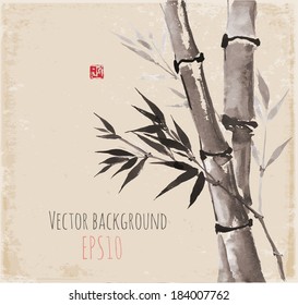 Card with bamboo on vintage background in sumi-e style. Hand-drawn with ink. Vector illustration.