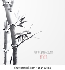 Card with bamboo on white background in sumi-e style. Hand-drawn with ink. Vector illustration.