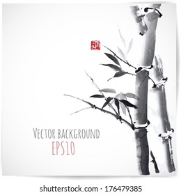Tarjeta con bambú sobre fondo blanco en estilo sumi-e.