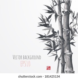 Card with bamboo on white background in sumi-e style. Hand-drawn with ink. Vector illustration. 