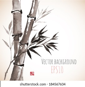 Card with bamboo in sumi-e style. Hand-drawn with ink. Vector illustration. 