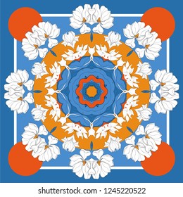 Card, bandana print, kerchief design, napkin. Dark blue beige ornate pattern on pastel vlue. Ready for print.