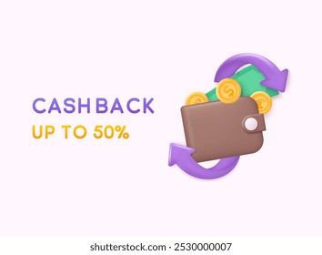 Card banks, money and wallet with cashback mobile phone. Money back concept. Cashback money for purchases in the online store. 3D Vector Illustrations.