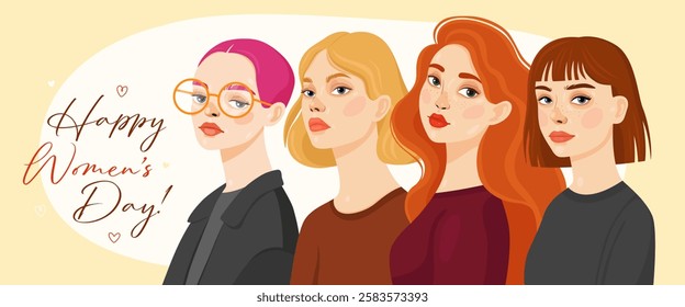 Card or banner for 8 March. Happy Women's Day. Four women of different appearance and nationality. Blonde, redhead, a brunette and a girl with a short pink hair. Spring.