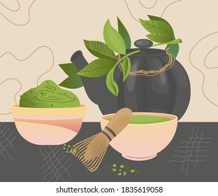 Card or banner background with utensils for Matcha green tea brewing including teapot and fresh green leaves, flat vector illustration. Japanese or Chinese asian Matcha tea drink.