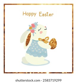 Card, banner Bunny with golden egg, cute in wreath with flowers, bow, Happy Easter, for design, vector.