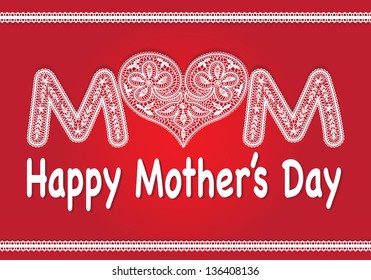 Card, banner, congratulations to Mother's Day. White lace letter. heart. Inscriptions headlines. Vector.