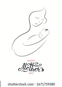 Card, banner design with beautiful mother and baby drawing, hand lettering quote Happy Mothers Day. Isolated on white. Vector illustration. Design concept for holiday print, motherhood, childcare.