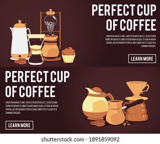 Card or banner design for coffeeshop or coffee house with various utensils and supplies for coffee brewing and serving, flat vector illustration on dark background.