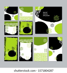 Card banner design collection japanese doodle scandinavian style white green black grunge background. ornament trend of the season. Abstract tile template frame for text copy space. Vector