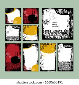 Card banner design collection japanese doodle scandinavian style white black burgundy mustard grunge background. ornament trend of the season. Abstract tile template frame for text copy space. Vector