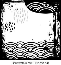 Card banner design doodle scandinavian style black gray white background. simple ornament trend of the season. Abstract template frame for your text, copy space. rain sky, japanese ocean waves. Vector