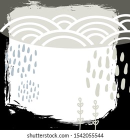 Card banner design Flowers leaves rain sky japanese doodle scandinavian style white black gray background simple ornament trend of the season. Abstract template frame for your text, copy space. Vector
