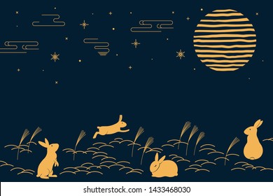 Card, banner design with full moon, cute rabbits in a field of susuki pampas grass, gold on blue. Hand drawn vector illustration. Concept for Japanese holiday Tsukimi, Mid autumn Festival. Flat style.