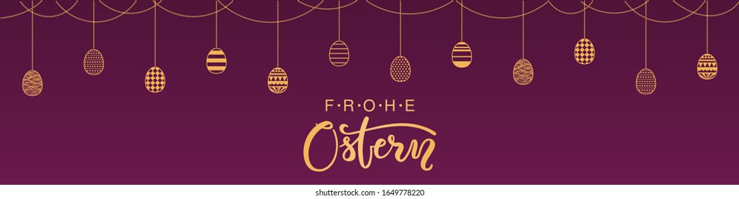 Tarjeta, banner diseño con guirnalda, bunting de huevos, texto alemán Frohe Ostern, Happy Easter. Oro sobre fondo morado. Ilustración vectorial. Concepto de decoración de celebraciones de vacaciones. Estilo plano.