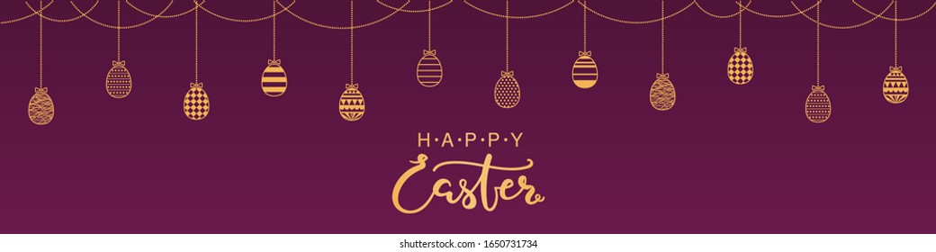 Card, banner design with garland, bunting of different eggs with patterns, text Happy Easter. Gold on purple background. Vector illustration. Concept for holiday celebration decor element. Flat style.