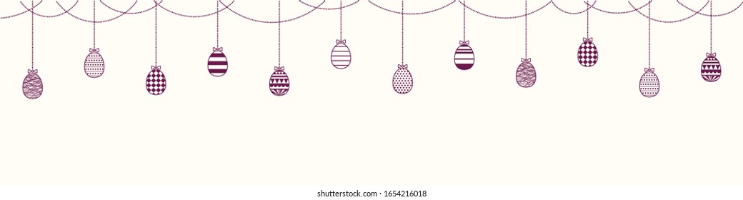 Card, banner design with garland, bunting of different eggs with patterns, bows. Purple on white background. Vector illustration. Concept for holiday celebration decor element. Flat style.