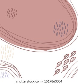 Card banner design leaves doodle line circles, scandinavian style rosy brown coral pink white background. simple ornament trend of the season. Abstract template frame for text copy space. Vector