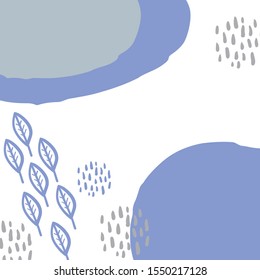 Card banner design leaves doodle line circles, scandinavian style cornflower blue gray white background. simple ornament trend of the season. Abstract template frame for text copy space. Vector