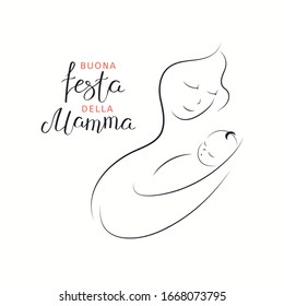 Card, banner design with mother and baby drawing, Italian text Buona Festa Della Mamma, Happy Mothers Day. Isolated on white. Vector illustration. Design concept holiday print, motherhood, childcare.