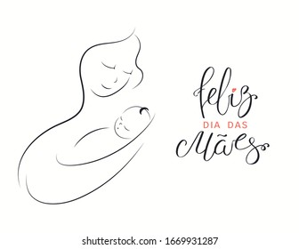 Card, banner design with mother and baby drawing, Portuguese text Feliz Dia das Maes, Happy Mothers Day. Isolated on white. Vector illustration. Design concept for holiday print, motherhood, childcare