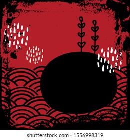 Card banner design, ocean waves japanese doodle scandinavian style, white burgundy red black background. simple ornament trend of the season. Abstract template frame for your text copy space. Vector