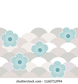 Card banner design, pattern gray beige blue flowers japanese cherry blossoms on white background. Asian simple ornament, oriental style scales, japanese circle. Copy space. Vector