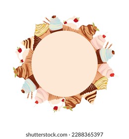 Card banner design round frame for Birthday, valentines day, wedding, engagement. Circle frame from cupcakes. Vector illustration with place for text or company name. Design for bakery logo.