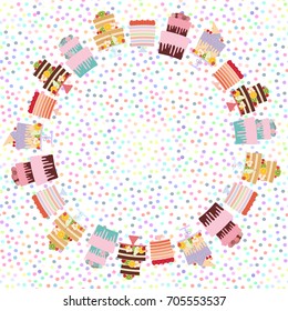 card banner design round frame wreath for text Birthday, valentines day, wedding, engagement. Set sweet Cake, fresh fruits berries, chocolate icing sprinkles, cake pops, pastel colors on white. Vector