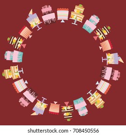 card banner design round frame wreath for text Birthday, valentines day, wedding, engagement. Set sweet Cake, fresh fruits berries, chocolate icing sprinkles, cake pops, pastel colors on brown. Vector