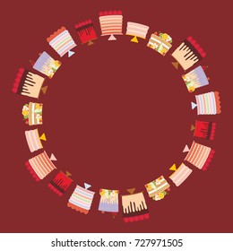 card banner design round frame wreath for text Birthday, valentines day, wedding, engagement. Set sweet Cake, fresh fruits berries, chocolate icing sprinkles, cake pops, pastel colors on brown. Vector