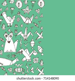card banner design for text fox fish birds sea animals and plants, Black outline on blue green background, doodle decorative elements Stylized origami. trendy backdrop. Vector illustration