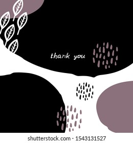 Card banner design thank you, leaves doodle line circles, scandinavian style black lilac white background. simple ornament trend of the season. Abstract template frame for text copy space. Vector