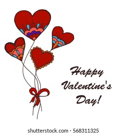 Card, banner. Doodle drawing. Hearts, balloons, bow. Hand drawing. Love. St. Valentine's Day