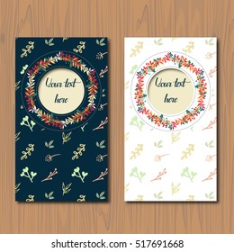 Card, banner, flyer template with text space and pattern with hand drawn branches and leaves. Sketch, design elements. Decor for invitations, greeting cards, posters, covers.