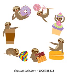 Card banner funny and cute smiling Three-toed sloth collection with pink cake pops, donut, lollipop, coffee, waffle, macaroon on white background. Vector