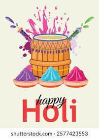 Card banner for Holi festival with colorful drums, pichkari, and powder bowls, celebrating the festival of colors