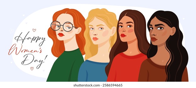 Card or banner for International Women's Day. 8 March. Four women of different appearance and ethnicity. Blonde, redhead, brunette and arab girl. Spring.