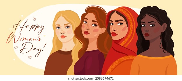 Card or banner for International Women's Day. 8 March. Four women of different appearance and ethnicity. Blonde, curly brunette, black girl and arab girl in a hijab. Spring.