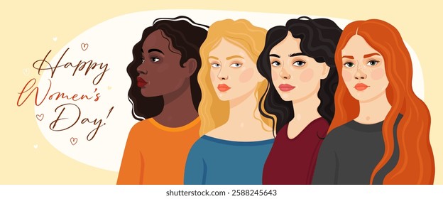 Card or banner for International Women's Day. 8 March. Four women of different appearance and ethnicity. Black girl, curly blonde girl, brunette and redhead girl. Spring.