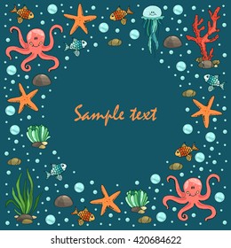 Card, banner, invitation with sea life. Vector illustration