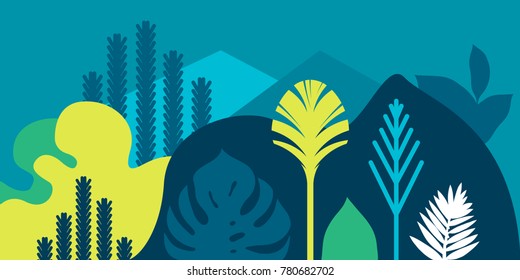 Cartão, bandeira, convite com paisagismo tropical, plantas, árvores, colinas e montanhas. Preservação do meio ambiente, ecologia. Parques naturais, turismo, espaço sideral. Estilo plano. Ilustração vetorial.